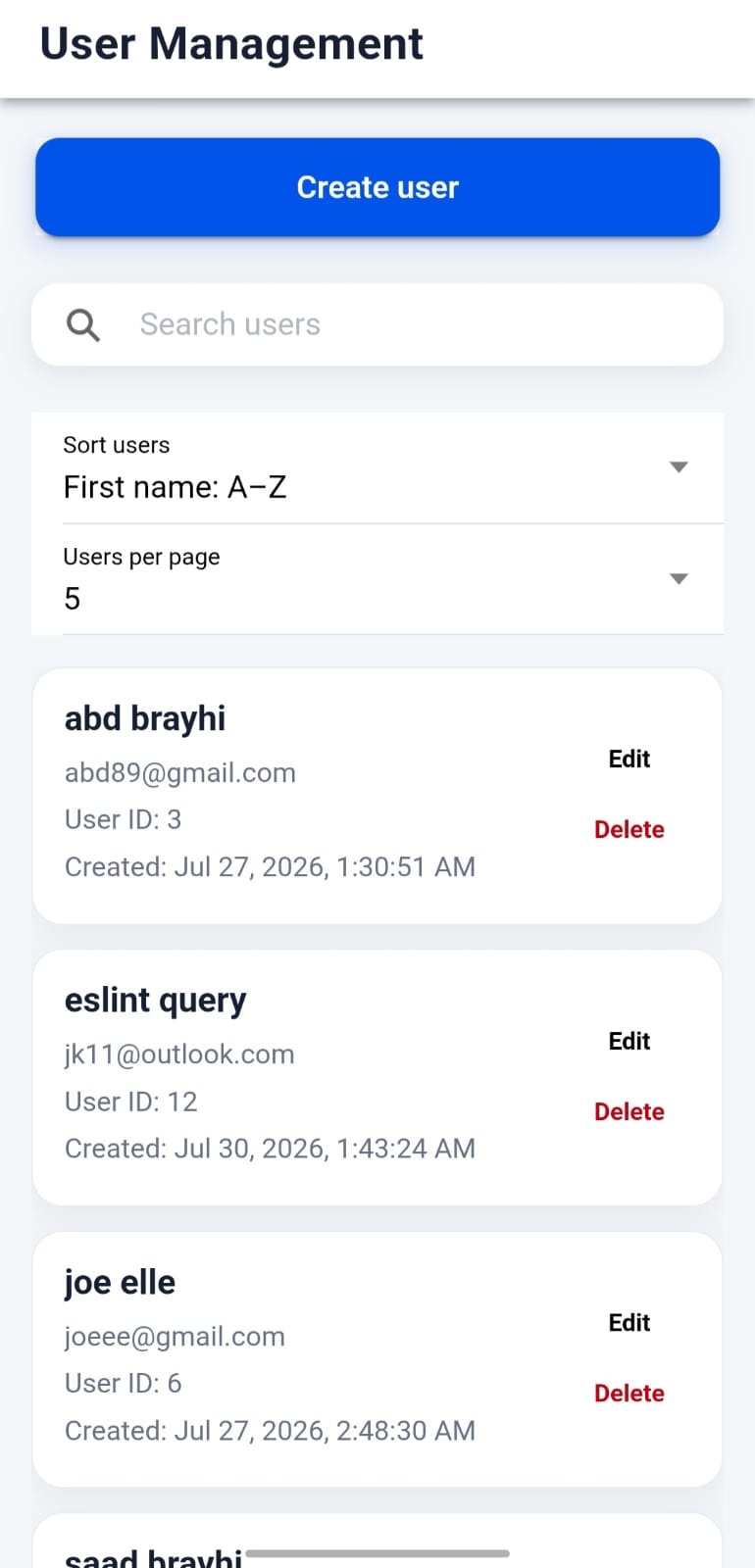 Ionic users mobile application